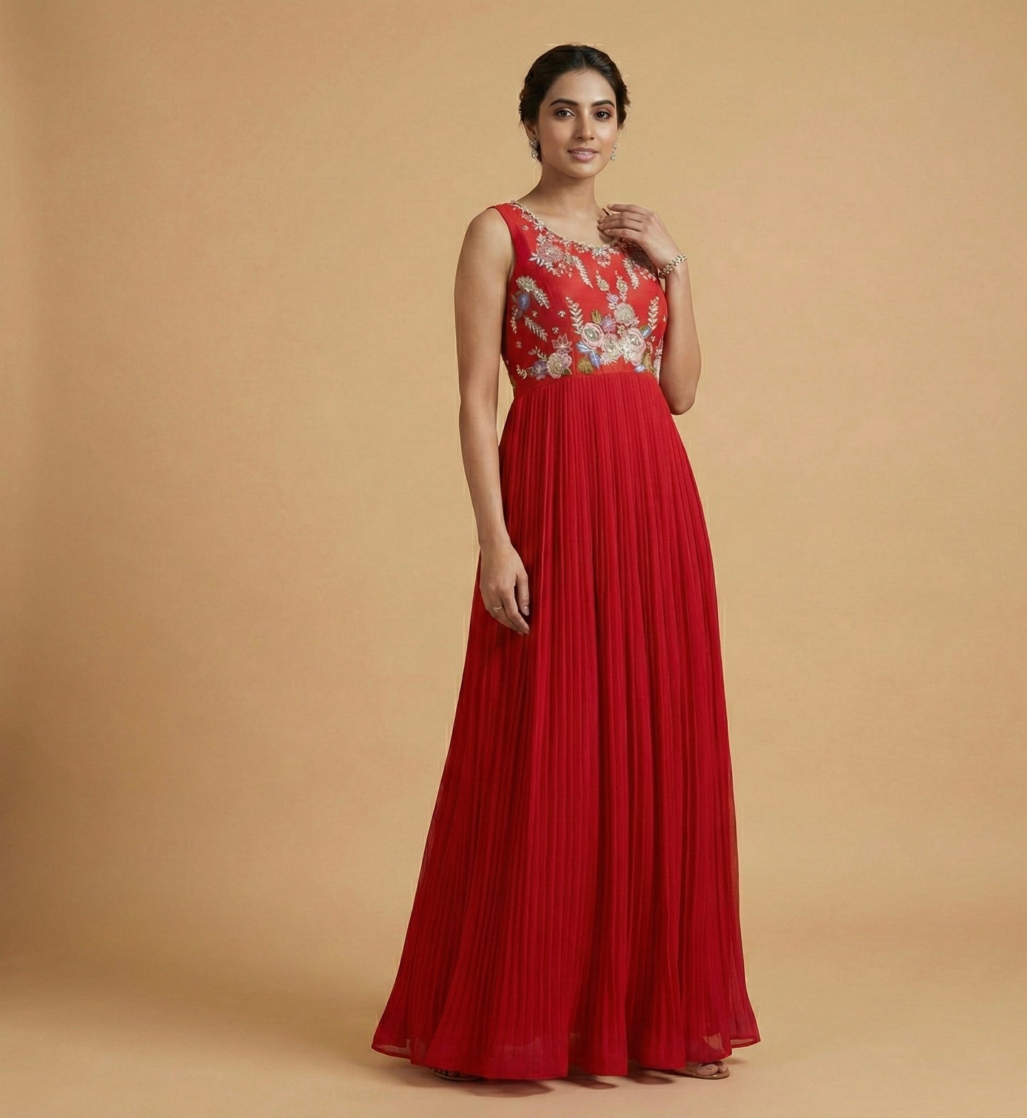 Red Hand Embroidered Sleeveless Anarkali Gown