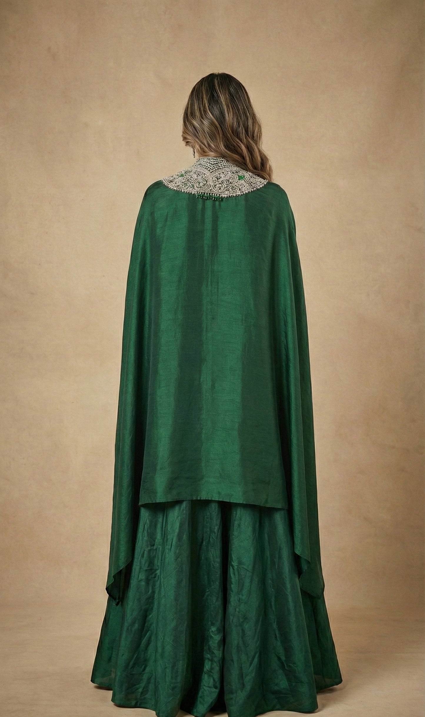Emerald Green Hand Embroidered Kaftan with Flared Palazzo Set