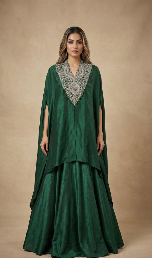 Emerald Green Hand Embroidered Kaftan with Flared Palazzo Set