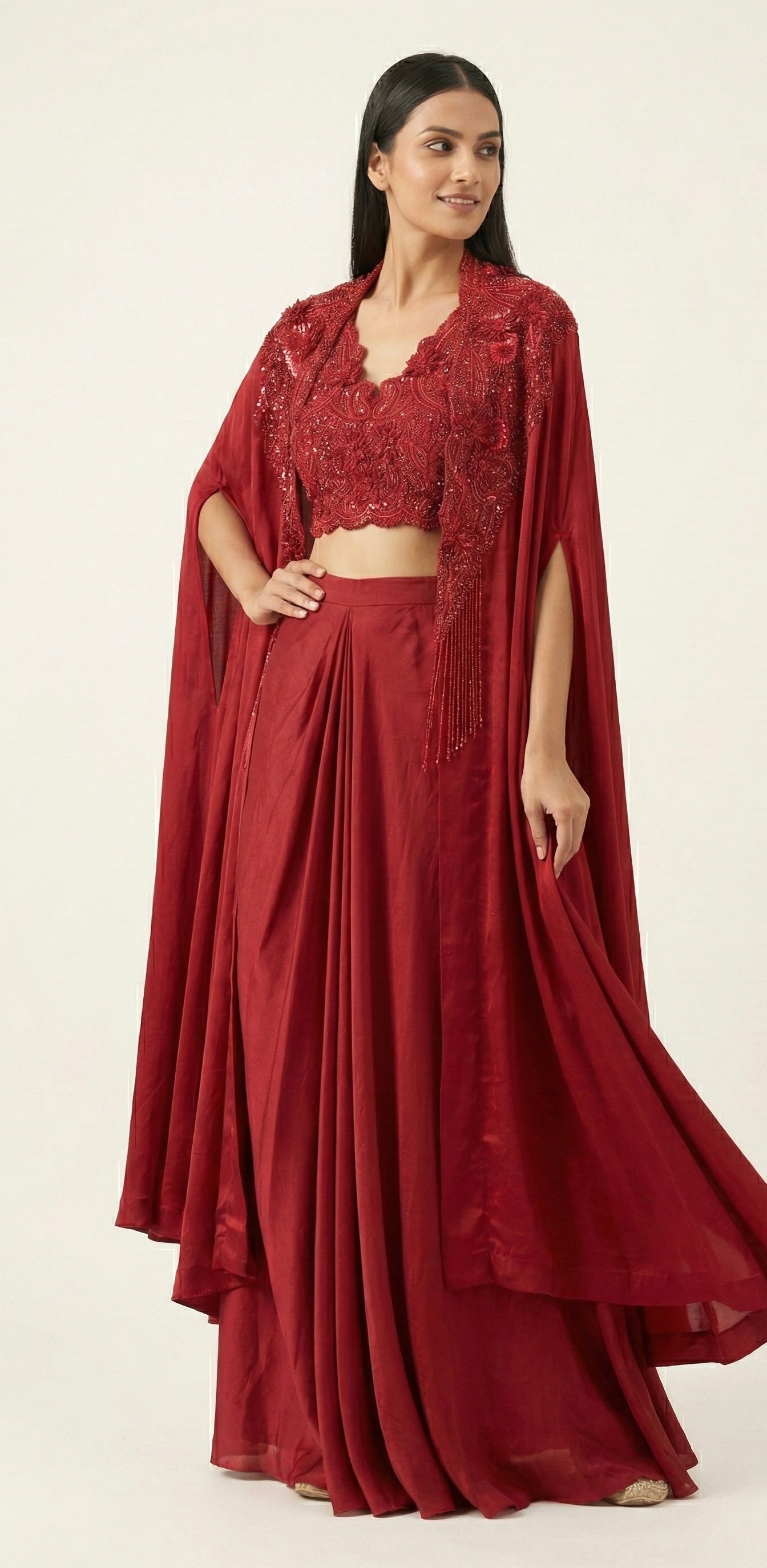 Ruby Red Embroidered Cape Lehenga Set