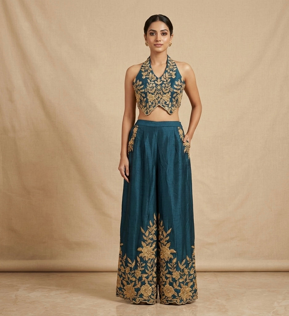 Teal blue hand embroidery co ords set