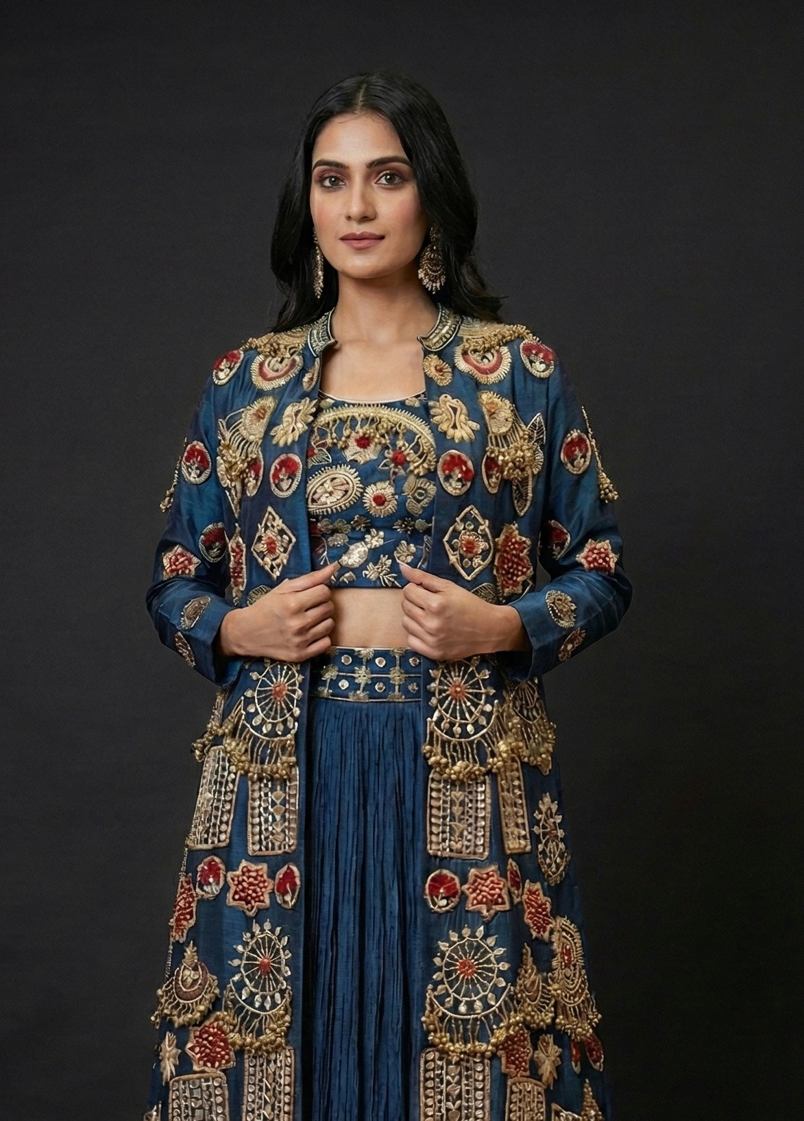 Teal Blue Embroidered Lenhenga Set with Long Jacket