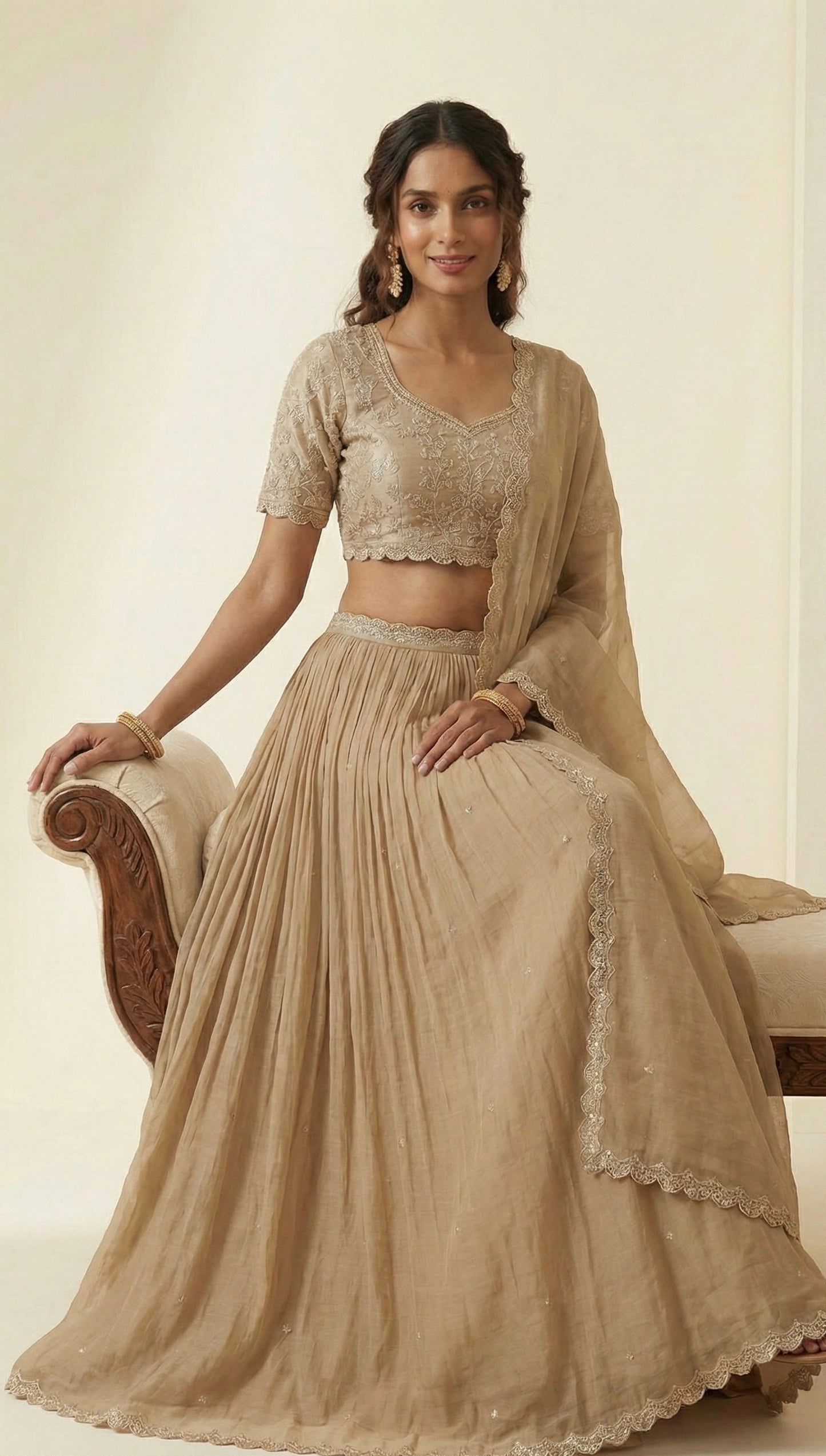 Beige Embroidered Lehenga Set with Dupatta