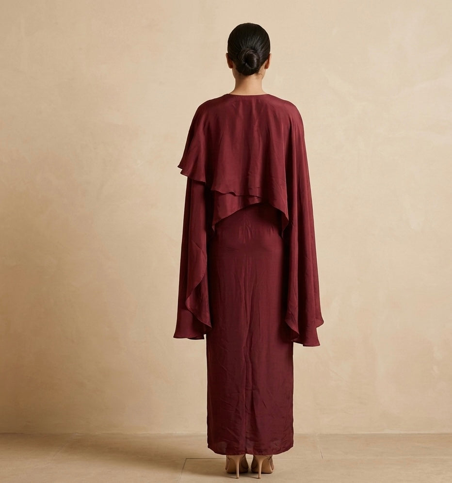 Designer Maroon Draped Outfit with Embellished Yoke