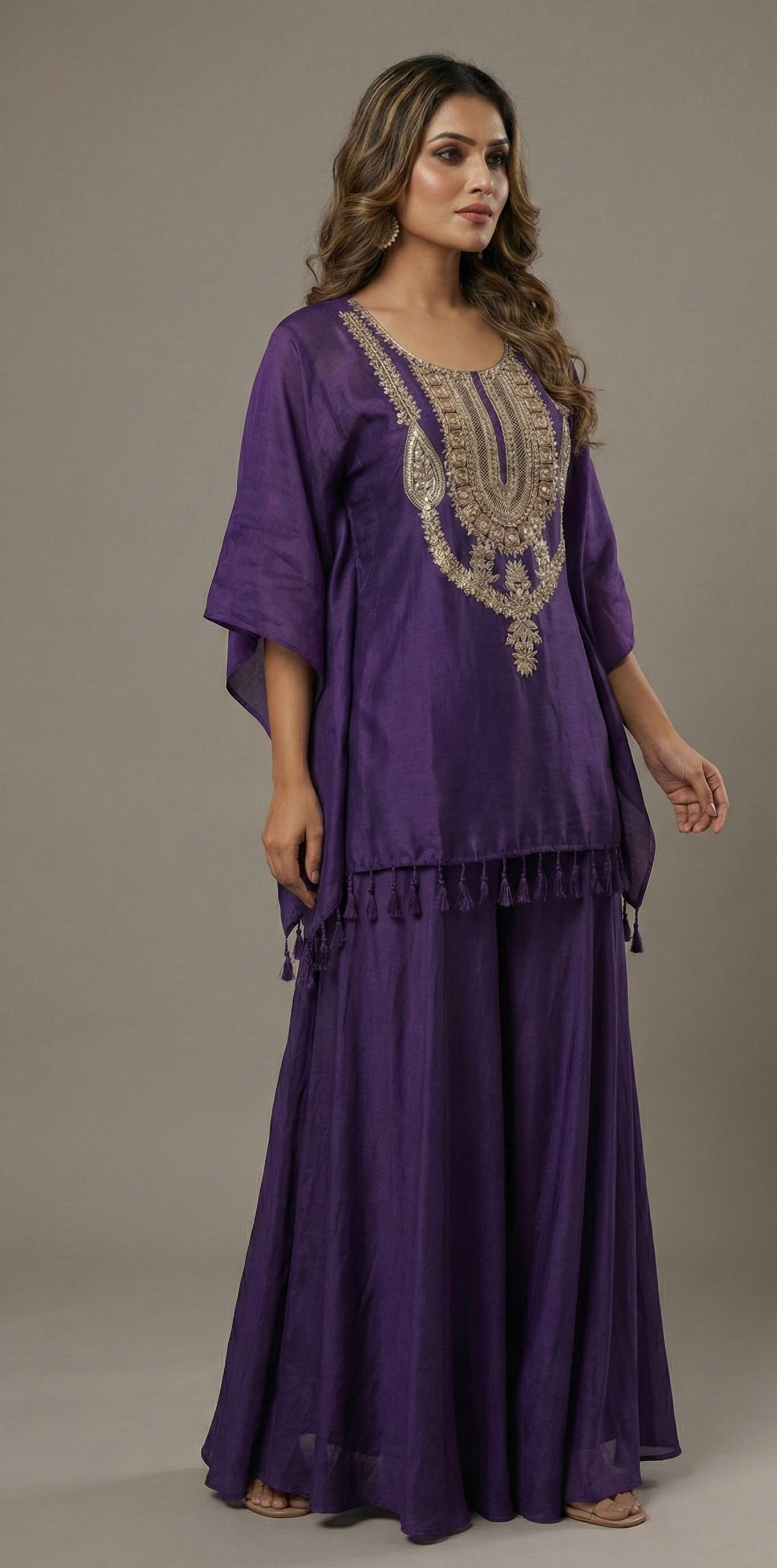Royal Purple Hand Embroidered Kaftan Kurta Set with Flared Palazzo