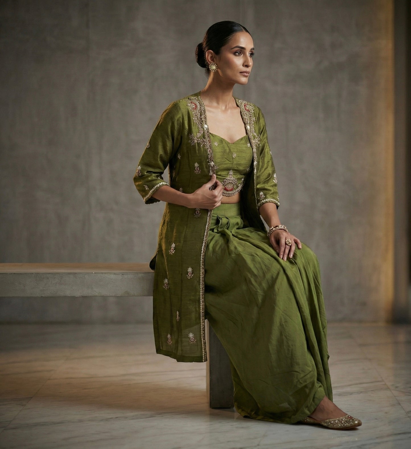 Olive Green Hand Embroidered Jacket Style Indo-western Set