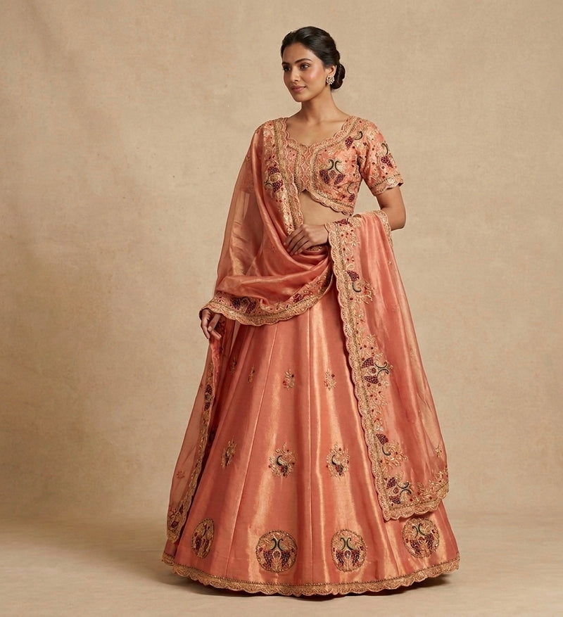 Peach Hand Embroidered Bridal Lehenga with Blouse & Dupatta